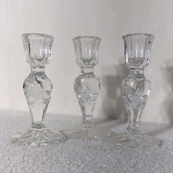 Vintage Clear Lead  Crystal whirling Star Pinwheel Candlestick Holders X3 - Picture 1 of 12